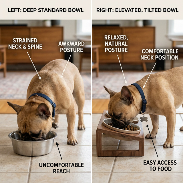Comparison showing French Bulldog straining neck into a deep standard bowl (labeled "STRAINED NECK") vs relaxed eating from a shallow tilted improved bowl (labeled "COMFORTABLE NECK POSITION")